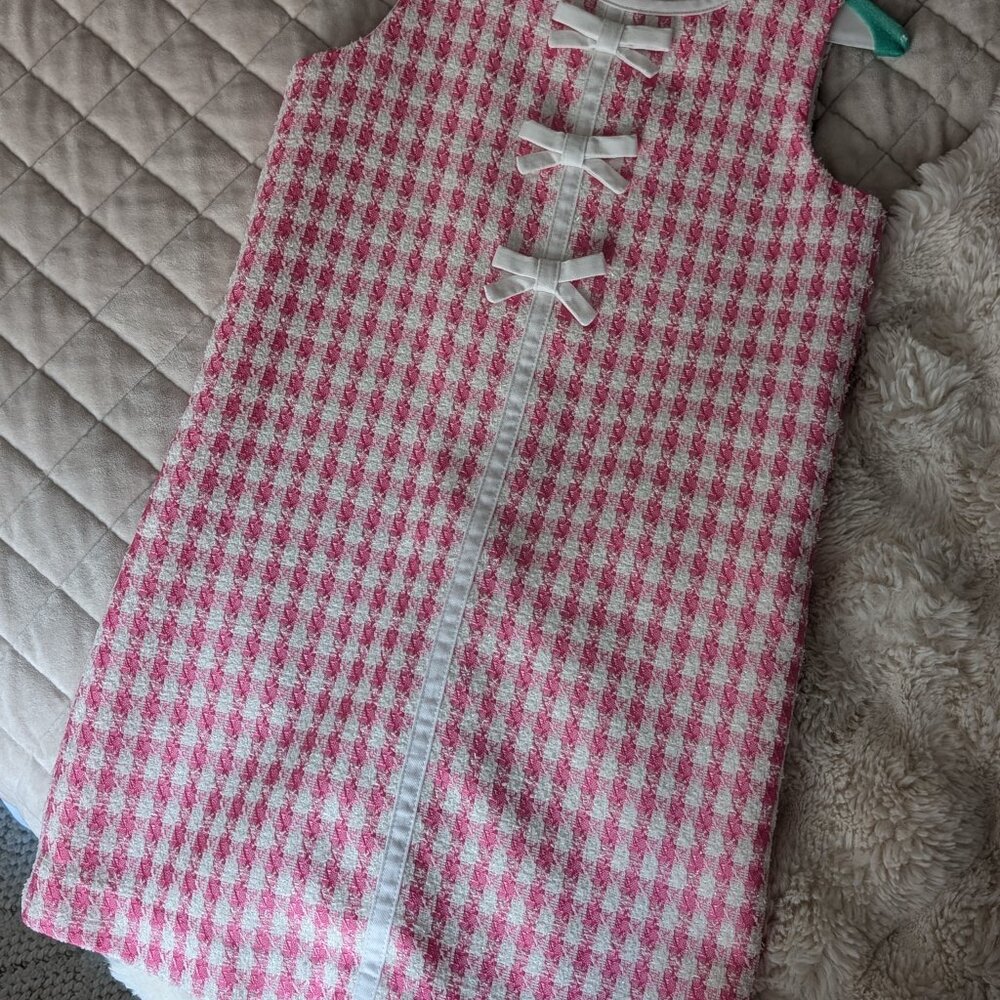 Lilly Pulitzer Girls Houndstooth Shift Dress – Size 12 – Pink & White Tweed w/Bo
